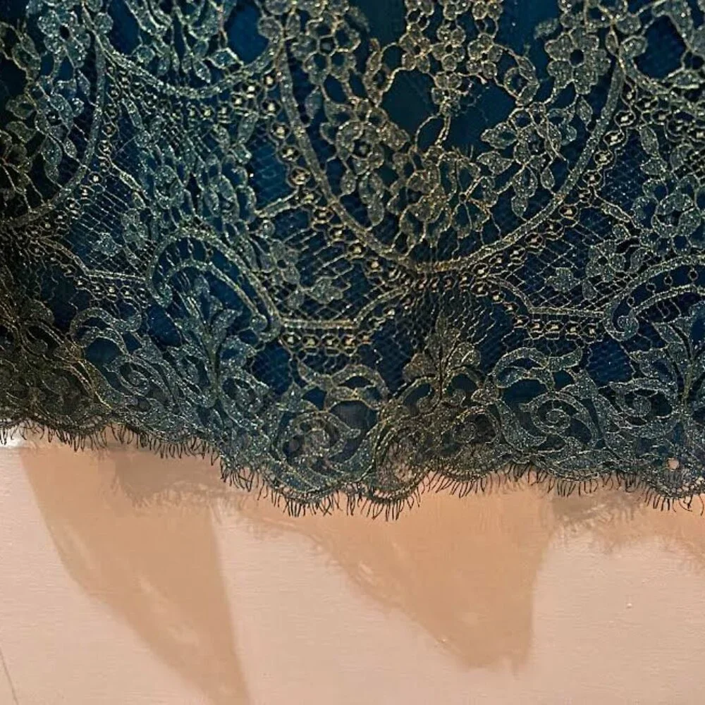Incredible Marchesa Notte Sheath Eyelash Teal Lace Cocktail Dress - Picture 11 of 14